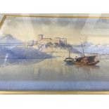 A framed water colour depicting continental lake v