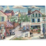 An oil painting on board depicting a French street scene with a pencil signature. Unframed 49x36cm.