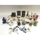 A box of crested ware, Doulton and other china.