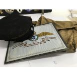 A tin case and contents to include, HMS Barossa sailors cap, hand painted RAF picture, canvas map