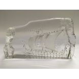 A signed Kosta glass ornament depicting a Viking longboat, approx length 25cm.