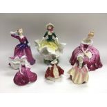 Five Royal Doulton figures of ladies plus one othe