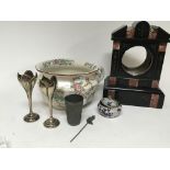 A collection of oddments a black slate clock case a chamber pot cloisonné dish vases and oddments.