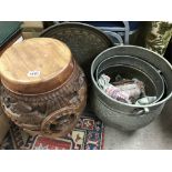 A carved Wooden eastern Stool + 4 eastern metal items
