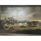 A framed oil painting on canvas depicting a horse drawn carriage. 85x61cm