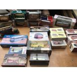 A box containing a collection of boxed diecast vehicles including Corgi, EFE, etc