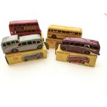 A Dinky Observation coach #280, a London bus (Exide Batteries) #291, a Luxury coach #281 and a Duple