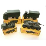 A Dinky 3-ton Army wagon #621, a Army covered wagon #623, a Austin champ #674 and a Tank #80a all bo