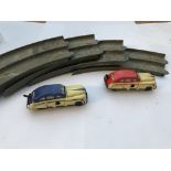 Two British made wind up tin plate cars with max track, with key - NO RESERVE