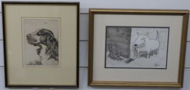 Signed etching of a springer spaniel 'A Loyal Friend', 17 x 12cm, and a 20thC cartoon of bull