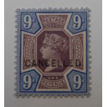 Great Britain 1887, 9d 'Jubilee', overprinted 'CANCELLED', unused, SG209var, with certificate