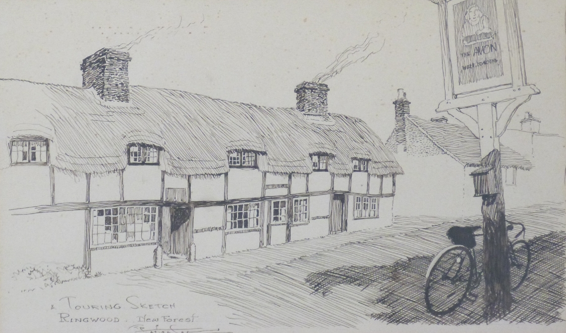 Frank Patterson (British 1871-1952): Two pen and ink cycling related drawings 'Courtyard of The - Image 2 of 4