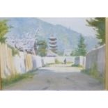 Nobuo Hayashi oil on canvas of villager walking through a calm Japanese village scene with cherry