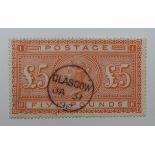 GB 1867 SG137 £5 orange, white paper, fine used with Glasgow circular date stamp