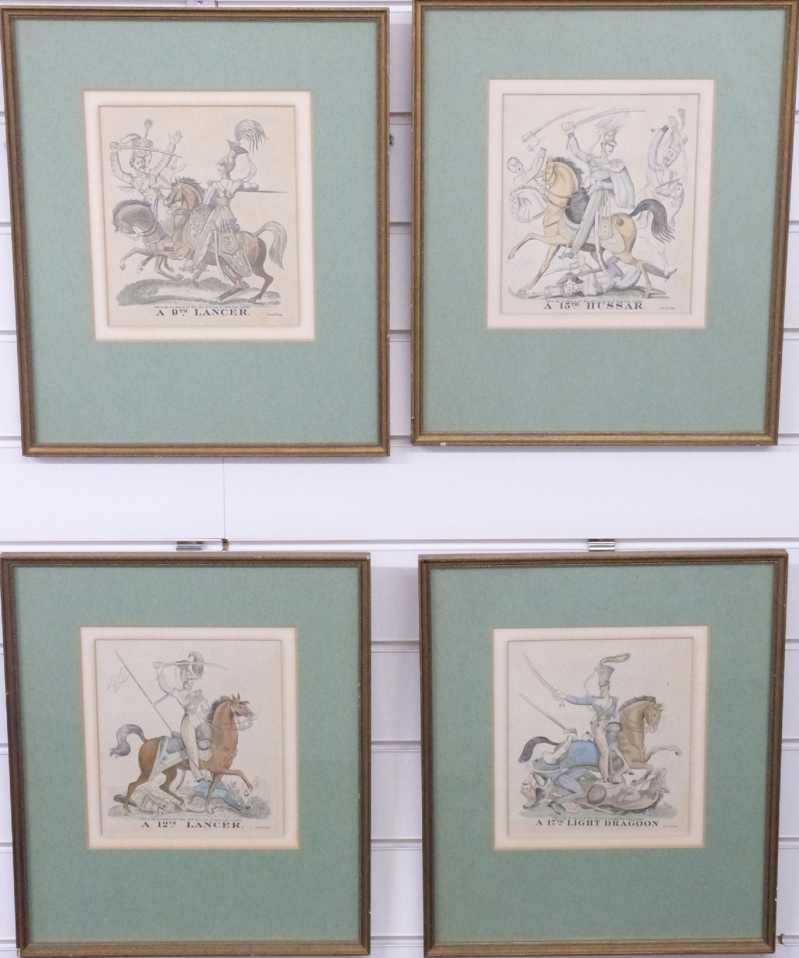 Four 19thC style coloured military engravings of 9th, 12th Lancers, 15th Hussar and 17th Light