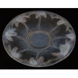 Barolac opalescent pressed glass dish relief decorated with palm trees, signed to base, 29.5cm in