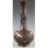 Japanese Meiji period bronze bottle vase with relief decoration depicting dragon and cranes, 39cm