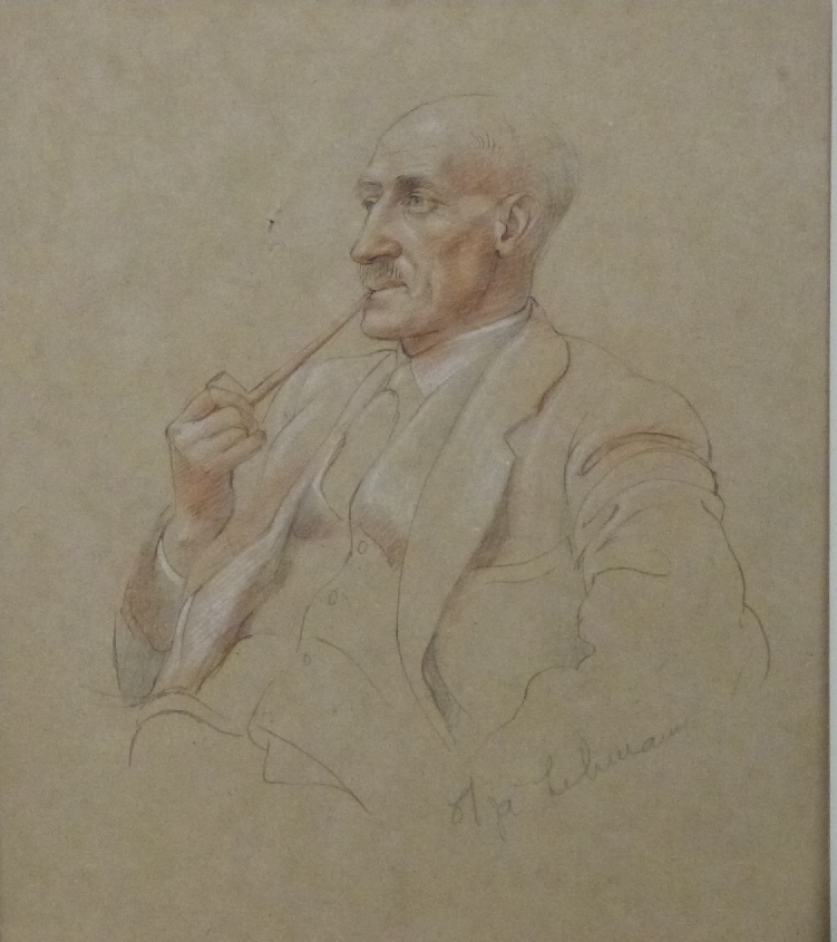 Olga Lehmann (1912-2001): Pencil and pastel drawing of a man smoking a pipe, 27cm x 23cm