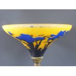 Galle style standard lamp with orange and blue cameo glass shade decorated with irises, raised on