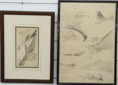 Frank Patterson (British 1871-1952): Two pen and ink drawings 'Borcovicus' and 'The Lakes and