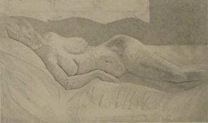 Moya Greenhow signed etching of lounging nude lady, dated 1977, 14 x 24cm, framed and glazed