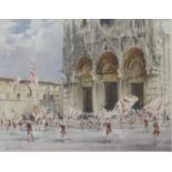 Dennis Page (1930-British) watercolour 'Flag Throwing at the Duomo, Siena', signed lower left, 35