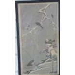 Late 19thC/20thC Japanese hand-coloured print of birds in snowy landscape, seal marks and