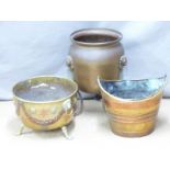 Three copper and brass coal buckets/jardinières, tallest 45cm