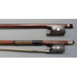 Violin bow by Tourte with octagonal plain mother of pearl eye, three piece button, 45g and another