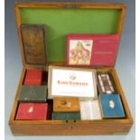 Quantity of playing card boxes including leather slip cases, Tunbridge inlaid cribbage board and the