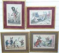 William Heath (1795-1840): Four framed 19thC hand-coloured satirical engravings. Subjects include '