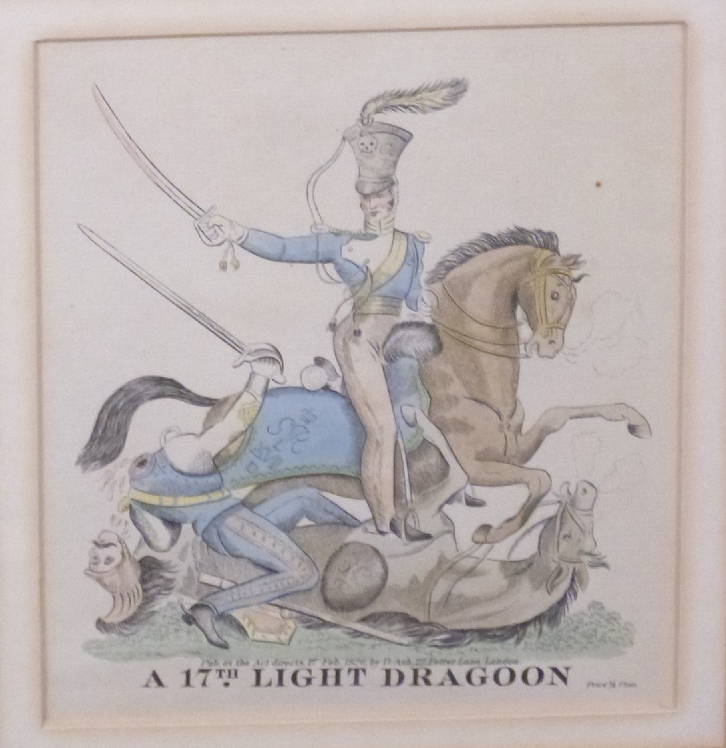 Four 19thC style coloured military engravings of 9th, 12th Lancers, 15th Hussar and 17th Light - Image 5 of 6