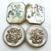 A white metal Chinese buckle set with mother of pearl, dragon and bird decoration, maker TC and a