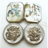 A white metal Chinese buckle set with mother of pearl, dragon and bird decoration, maker TC and a