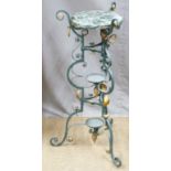 A wrought iron marble-topped jardinière stand with gilt decoration, H81 x D27cm