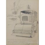 Frank Patterson (English 1871-1952): Pen and ink drawing of road roller with cycle on top and