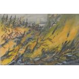 G.C. Potts (British) gouache of forest fire, signed lower right, 32 x 46cm, framed and glazed