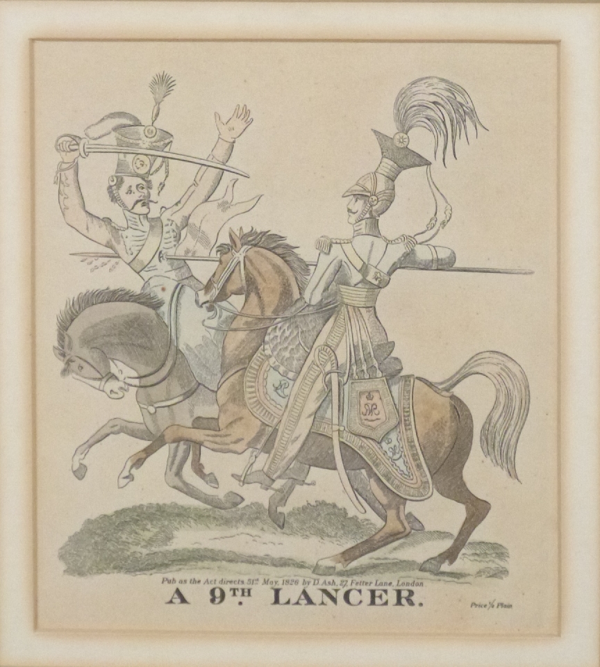 Four 19thC style coloured military engravings of 9th, 12th Lancers, 15th Hussar and 17th Light - Image 2 of 6