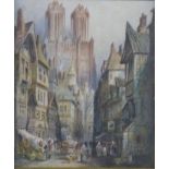 H Montague watercolour market street beneath towering cathedral, signed lower right, 32 x 27cm,