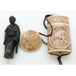 Japanese bone inro and button netsuke depicting an Oriental gentleman and a hardwood netsuke