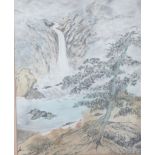 Japanese watercolour depicting a figure next to waterfall, in bamboo effect frame, glazed, 30.5 x