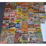 Sixty vintage war, fighting and military comics including Fighting War Stories Strange Worlds,