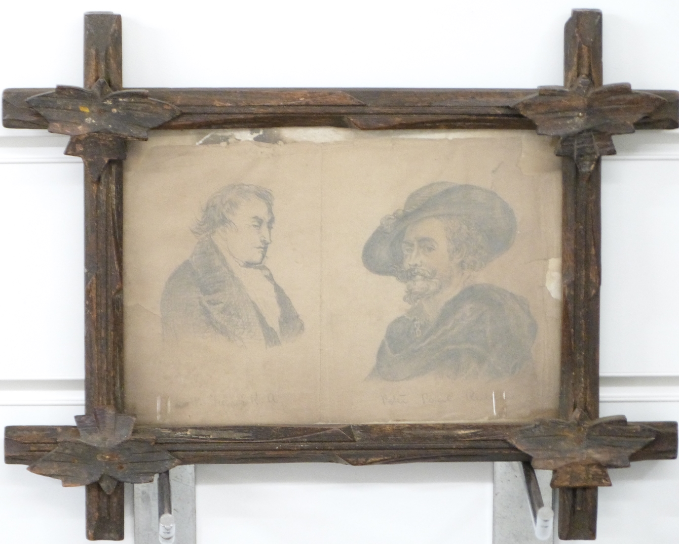 Pencil drawing of Turner and Rubens in carved wood frame - Image 2 of 3