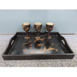 Ling king Anyukeeware Chinese lacquered tray and set of three cups decorated with gilt interior