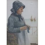 David W. Haddon (1884-1914) coastal watercolour lady knitting with fishing scene and boats in