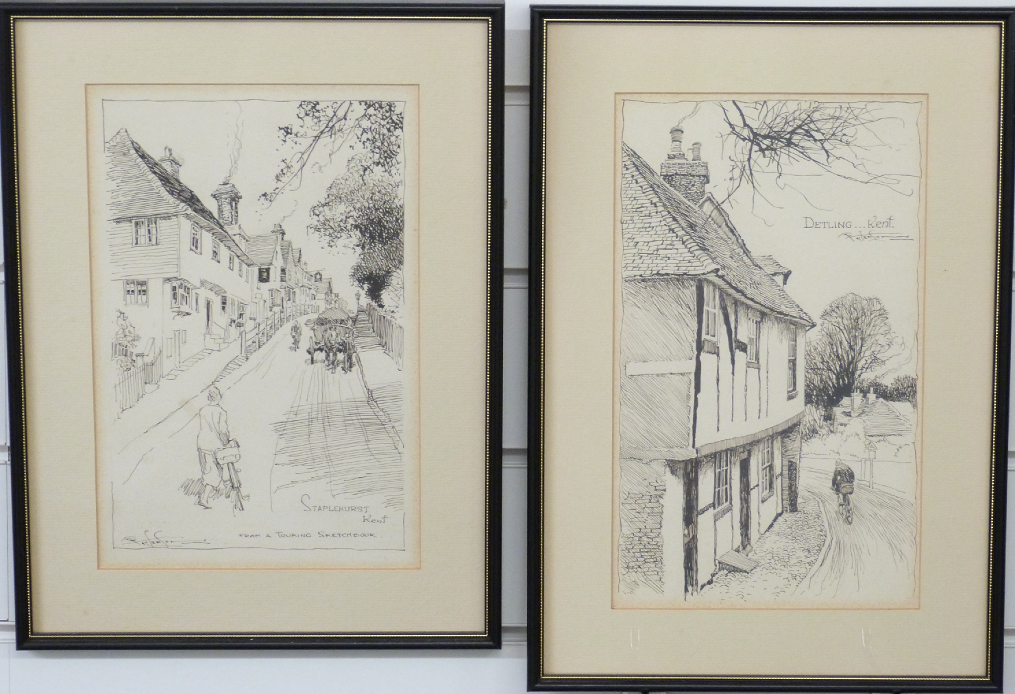 Frank Patterson (British 1871-1952): Pen and ink cycling related drawings 'Staplehurst, Kent' and '