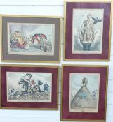 William Heath (1795-1840): Four framed 19thC hand-coloured satirical etchings. Subjects include 'A