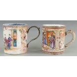Two Chinese 18th/ 19thC tankards depicting figures, 13cm tall