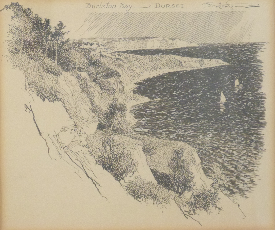 Frank Patterson (British 1871-1952): Two pen and ink drawings 'Durlston Bay, Dorset' and 'Dover' - Image 2 of 4