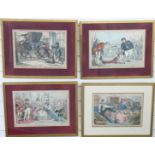 William Heath (1795-1840): Four framed 19thC hand-coloured satirical engravings. Subjects include '